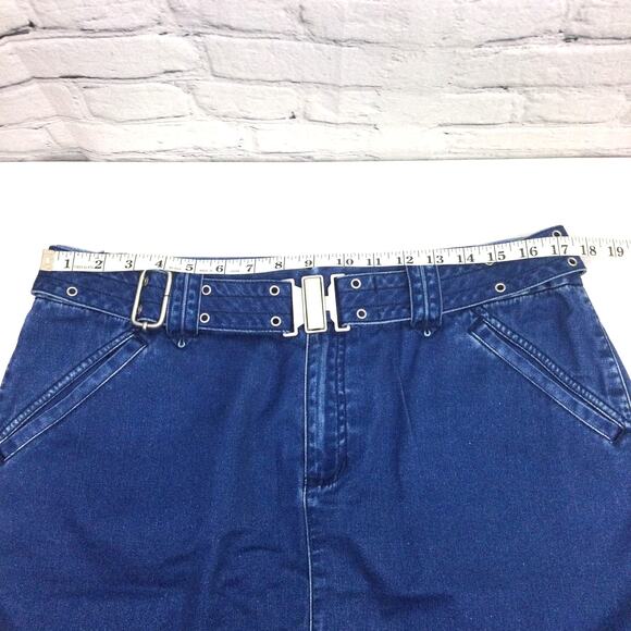 Liz Claiborne 90s Blue Medium Wash Flap Pocket Belted Denim Knee Length Skirt 14 - Picture 7 of 9
